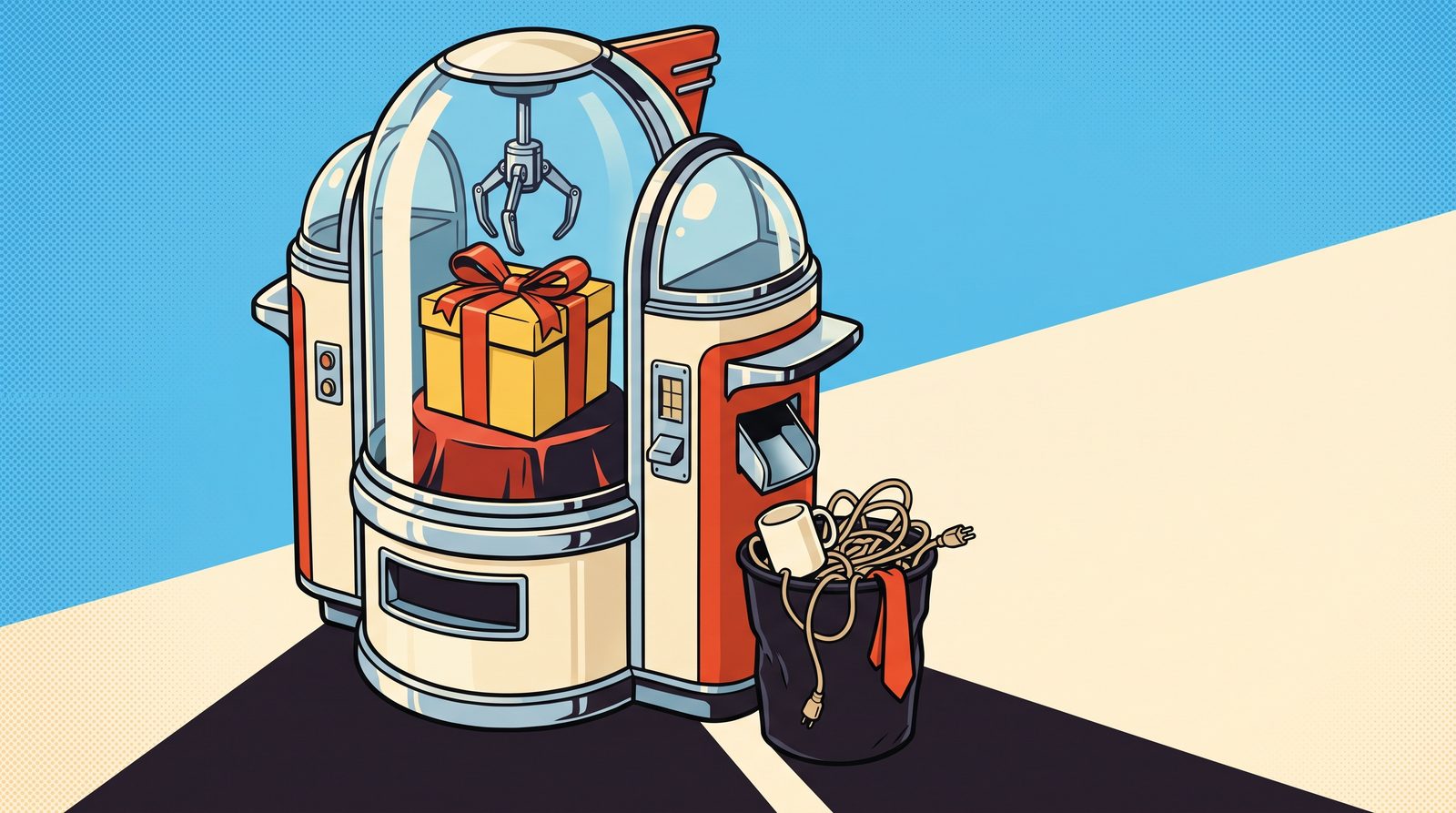 Retro illustration of a chrome vending machine claw delivering one perfect gold gift box while junk gifts drop into a trash bin