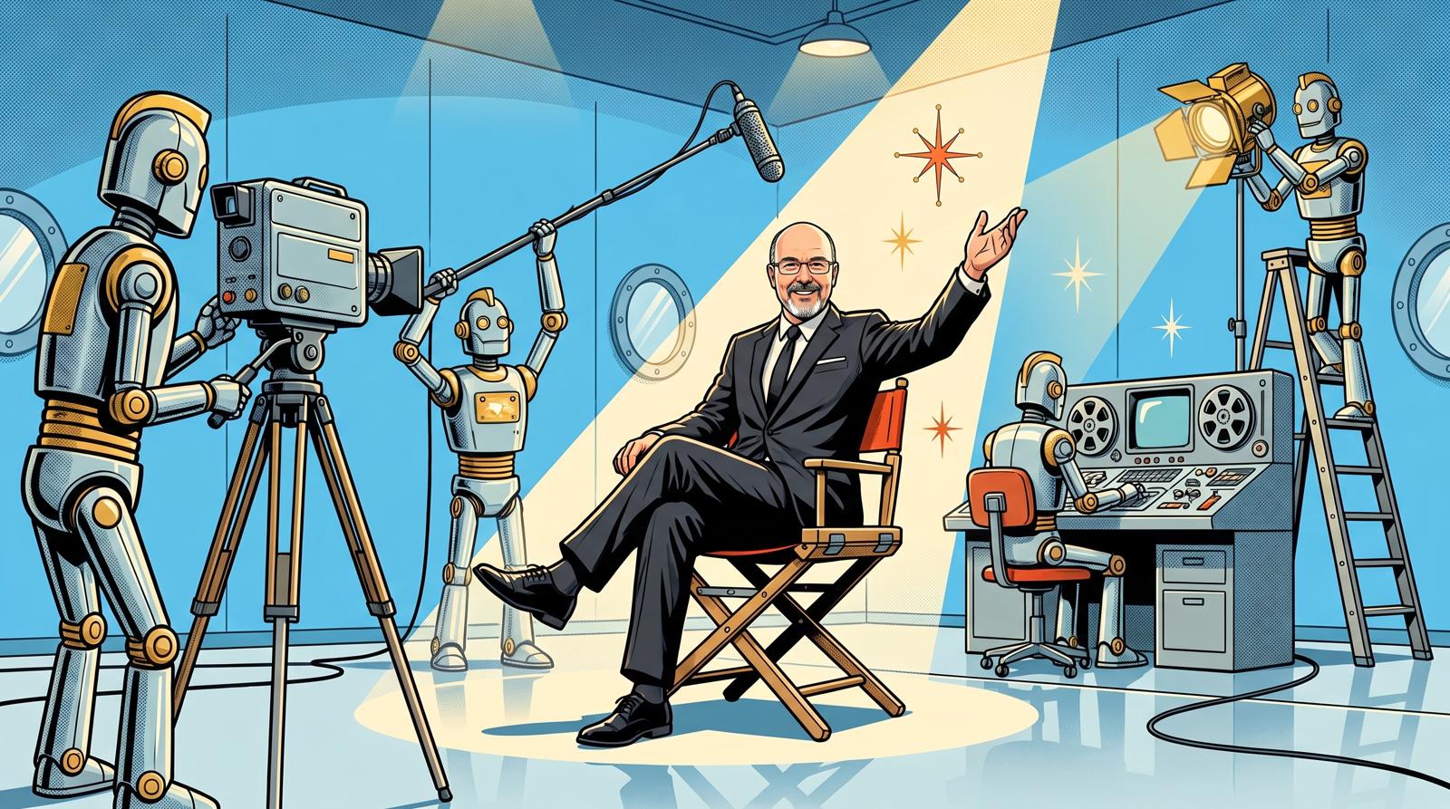 Retro illustration of Damon Nelson in a director's chair on a 1950s TV soundstage while a crew of chrome robots runs the camera, boom mic, lights and editing console