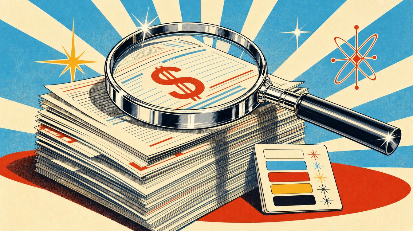 Chrome and Sunshine illustration of a large chrome magnifying glass inspecting an enormous stack of oversized invoices marked with dollar signs beside one small tidy color swatch card, sunburst rays behind