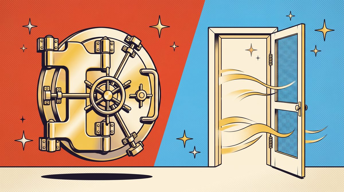 Retro illustration of a heavy chrome vault door shut tight beside a light screen door swinging open