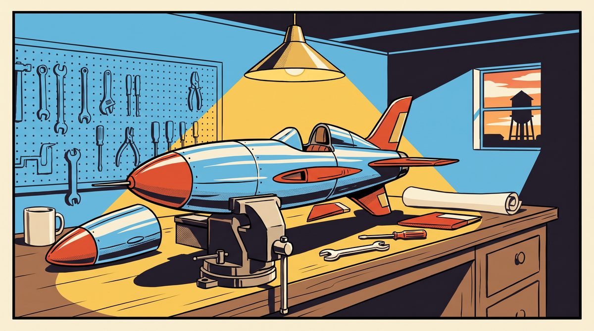 Retro illustration of a chrome rocket plane half-assembled on a workshop bench with its fins and nose cone laid out as loose parts