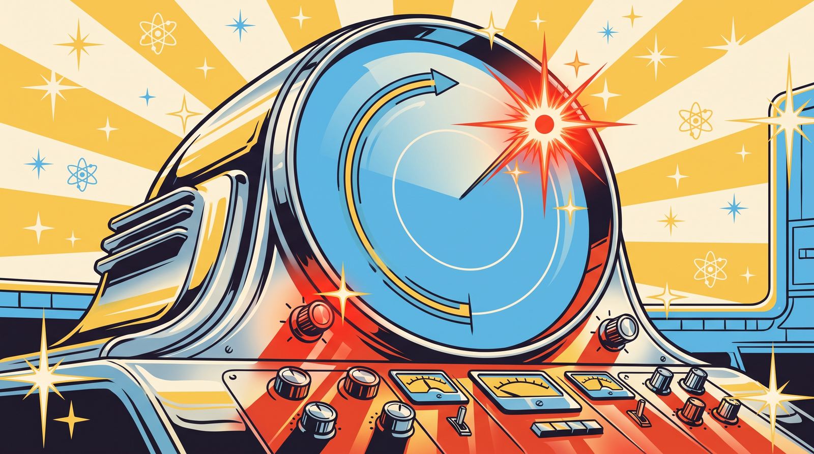 Retro illustration of a chrome radar console whose screen is calm at the center while a single red blip flares at the outer edge