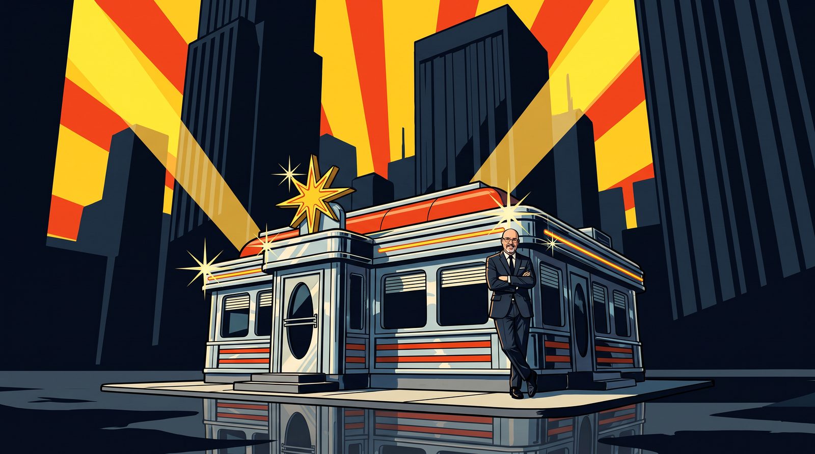 Illustrated Damon Nelson leans against a small chrome diner glowing beneath dark corporate skyscrapers split by sunburst rays