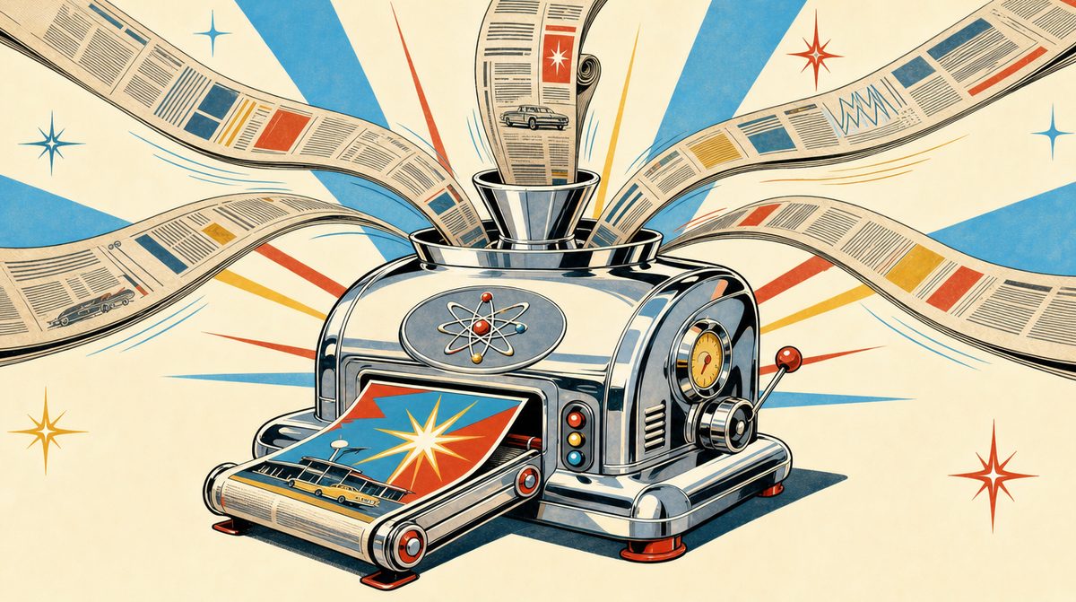 Chrome and Sunshine illustration of six ribbons of newspapers feeding into a chrome atomic-age mixing machine with one fresh newspaper rolling out the front