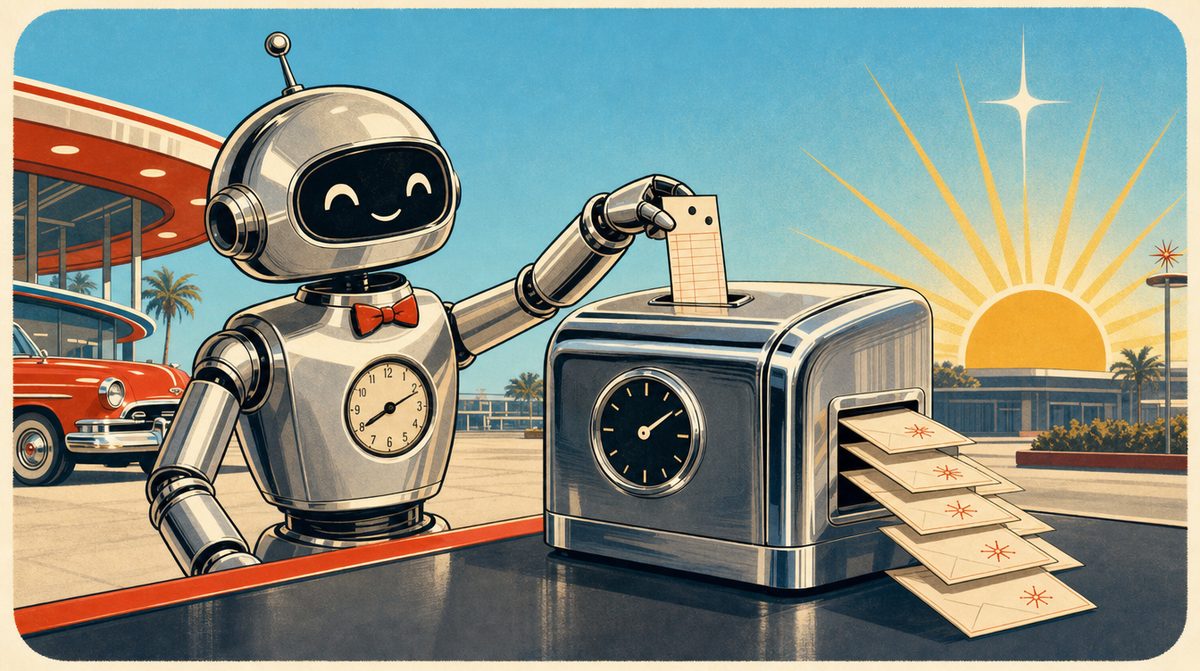 Chrome and Sunshine illustration of a friendly little robot with a clock face chest punching a time card at sunrise beside a row of stamped envelopes