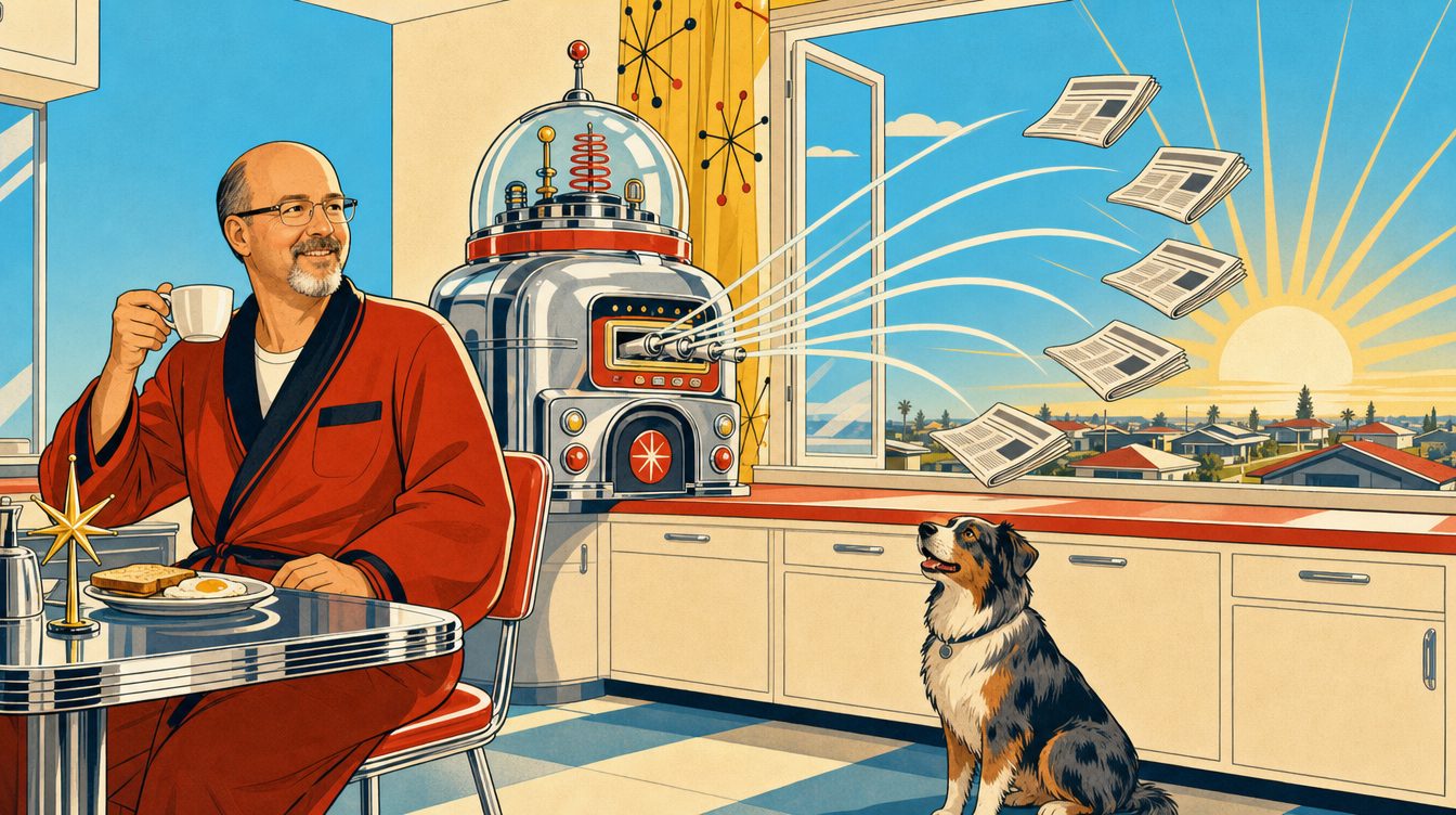 Chrome and Sunshine illustration of a man with morning coffee while a retro machine launches six streams of newspapers out the kitchen window toward six rooftops, a dog watching from the floor