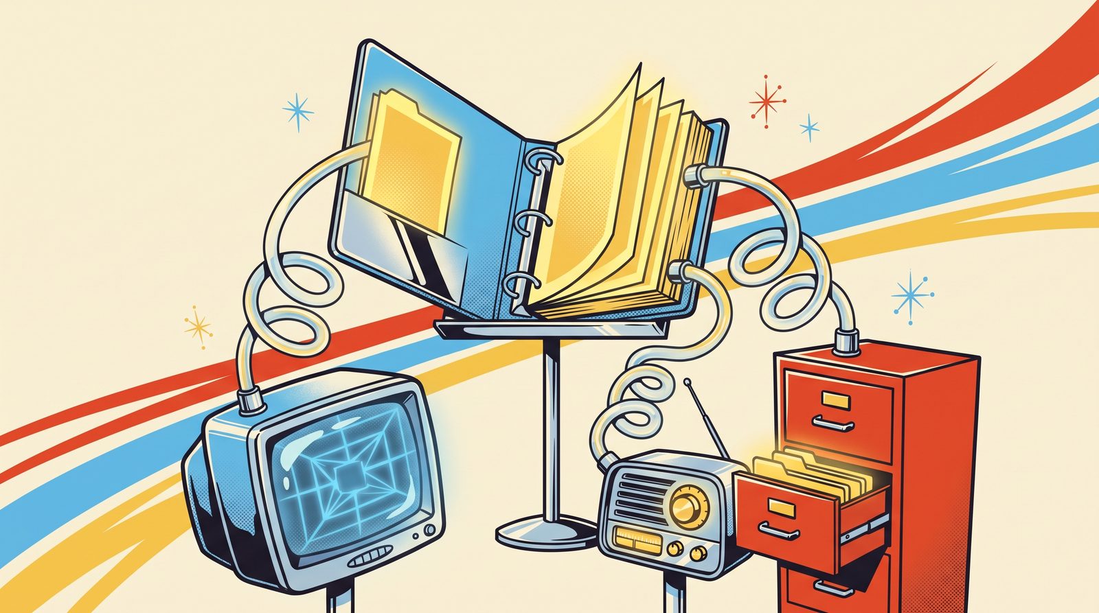 Retro illustration of a chrome research binder streaming glowing pages through pneumatic tubes into a television, radio, and filing cabinet