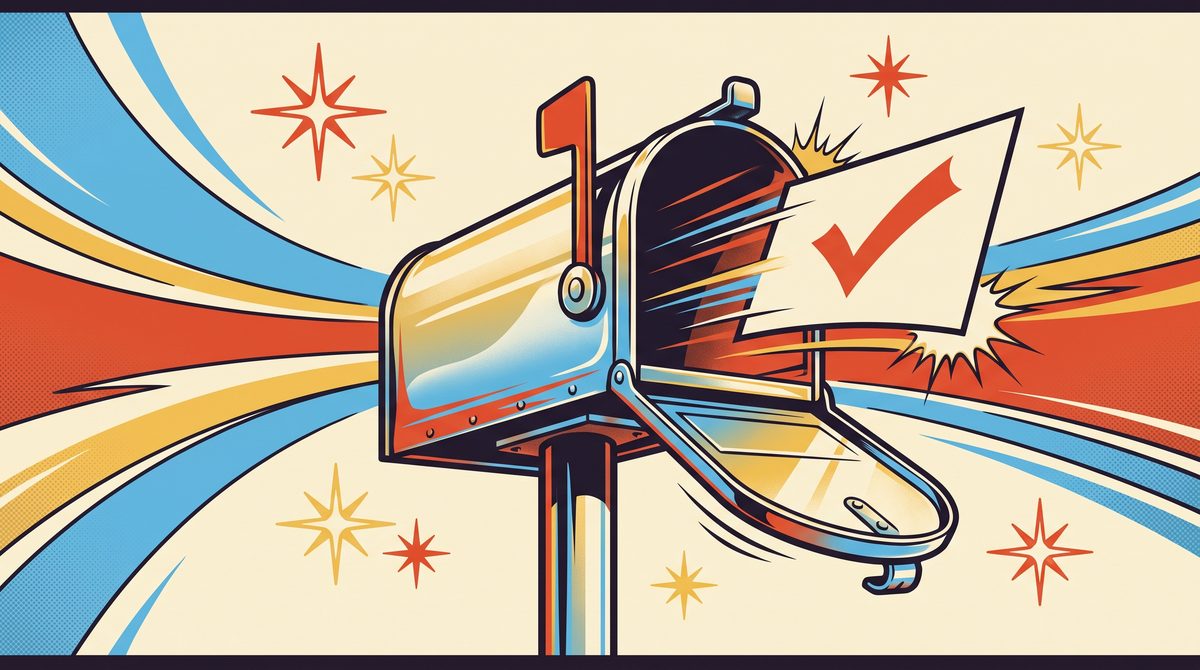 Retro illustration of a chrome mailbox flinging open with a single sheet of paper shooting out, one bold red check mark on it