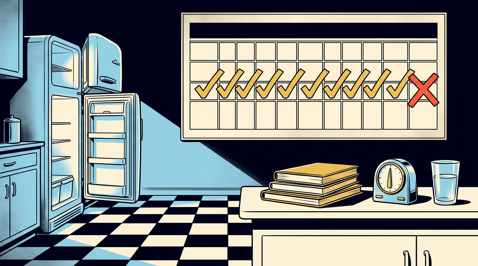 Retro illustration of a 1950s kitchen at night lit by an open refrigerator, a wall calendar's row of gold check marks ending in one big red X