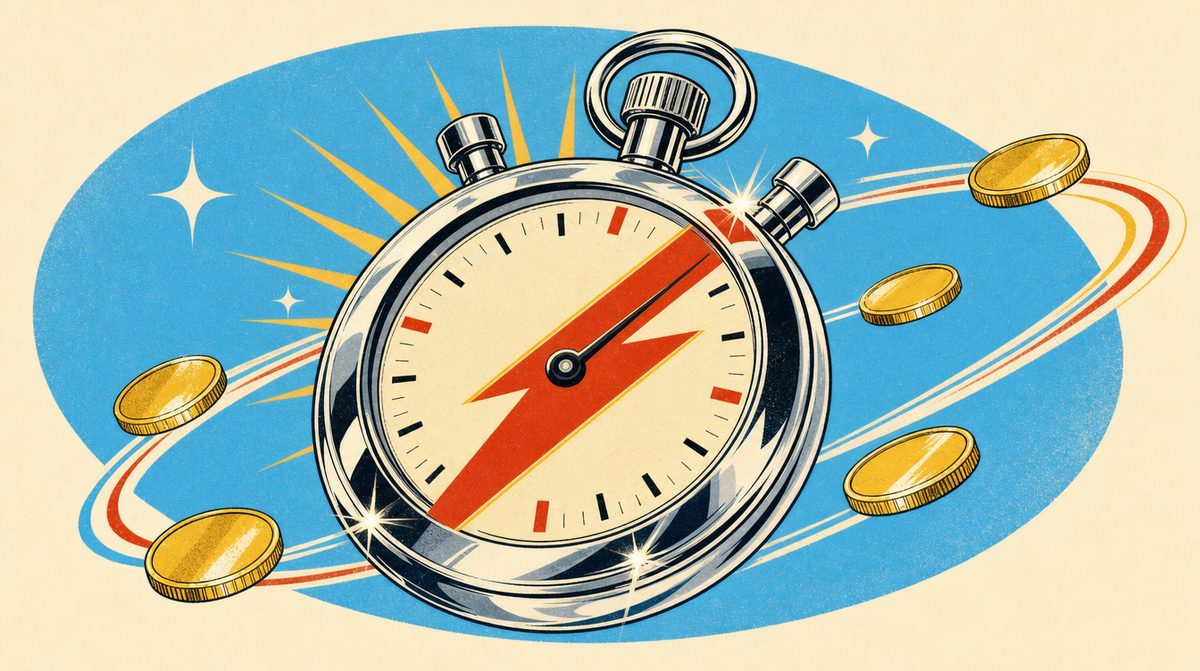 Chrome and Sunshine illustration of a gleaming chrome stopwatch with a lightning bolt face and gold coins orbiting it