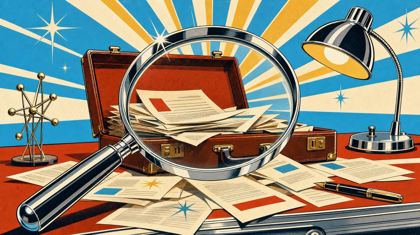 Chrome and Sunshine illustration of a large chrome magnifying glass over an open briefcase spilling leaked document pages, sunburst rays behind