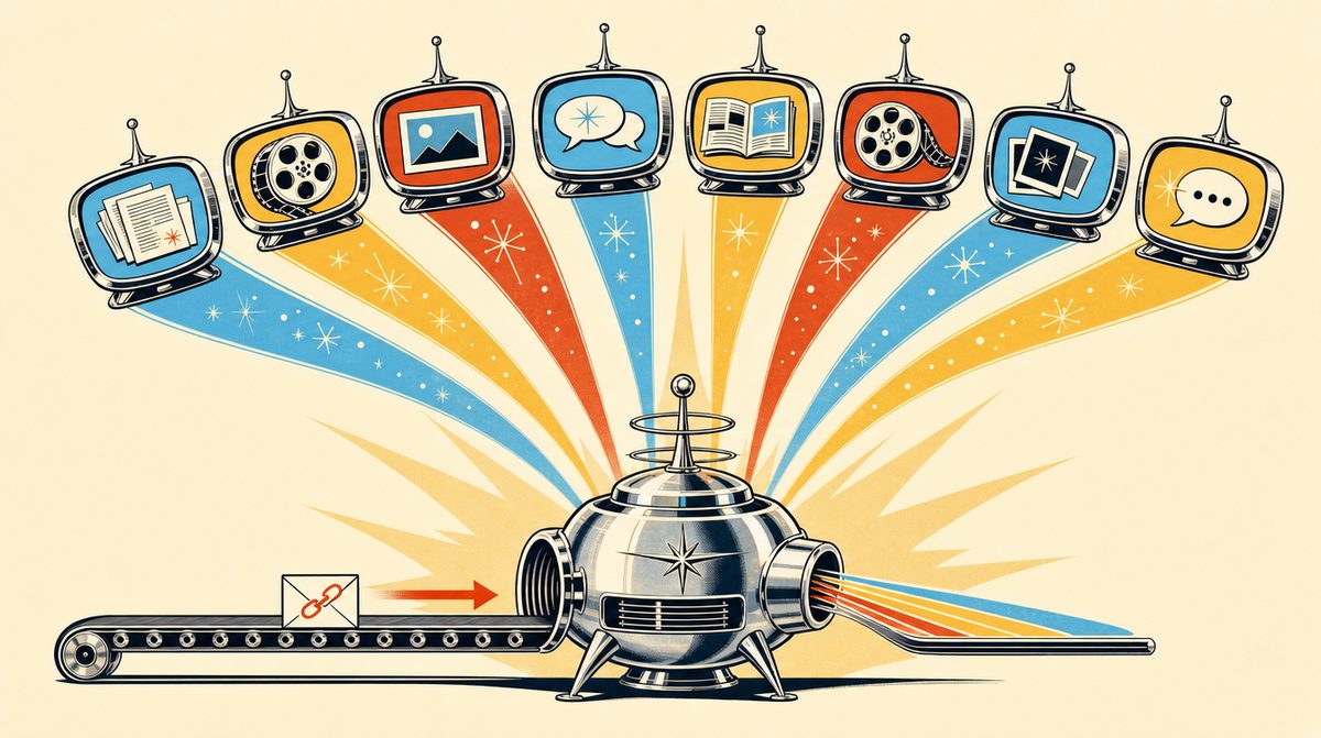 Chrome and Sunshine illustration of a single envelope with a link entering a chrome machine and eight content streams fanning out to eight retro screens