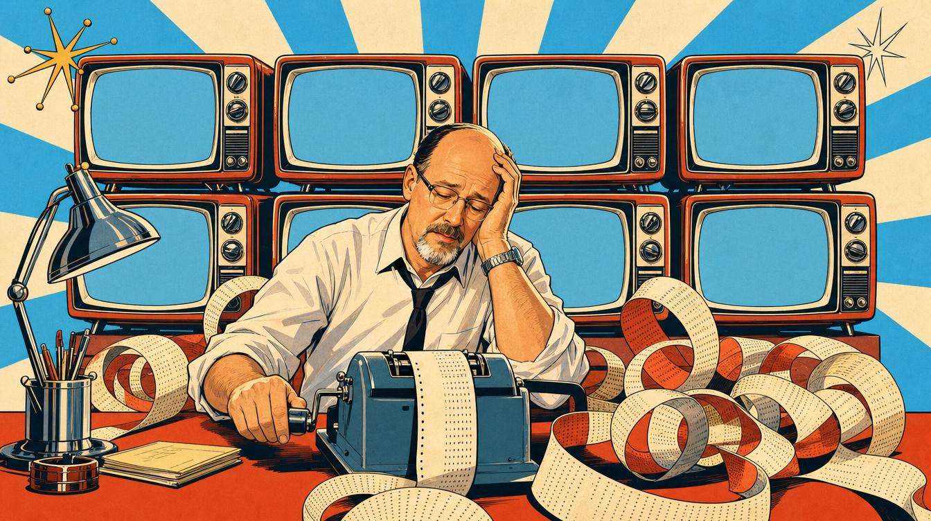 Chrome and Sunshine illustration of a weary man cranking a vintage adding machine with paper tape coiling around him while a wall of eight empty retro television screens waits behind