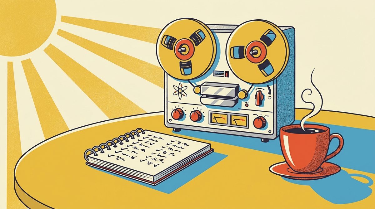 Chrome and Sunshine illustration of a reel-to-reel tape recorder and a checked-off notebook beside a coffee cup at sunrise