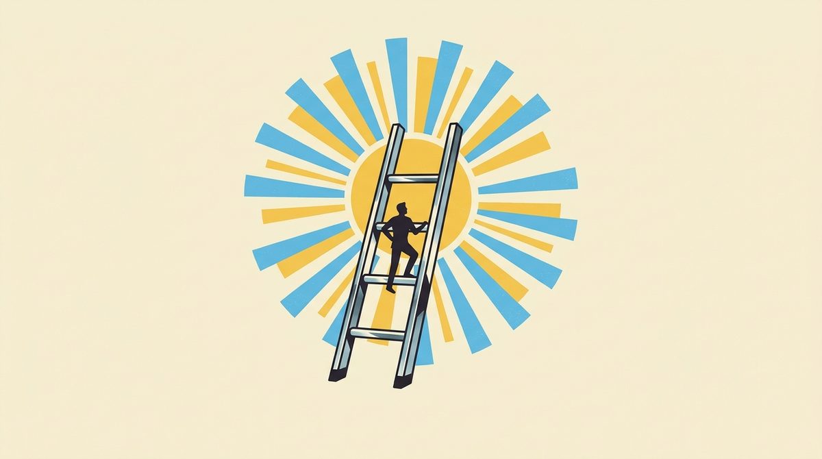 Chrome and Sunshine illustration of a four-rung chrome ladder against a bursting sunshine sky with a small figure climbing