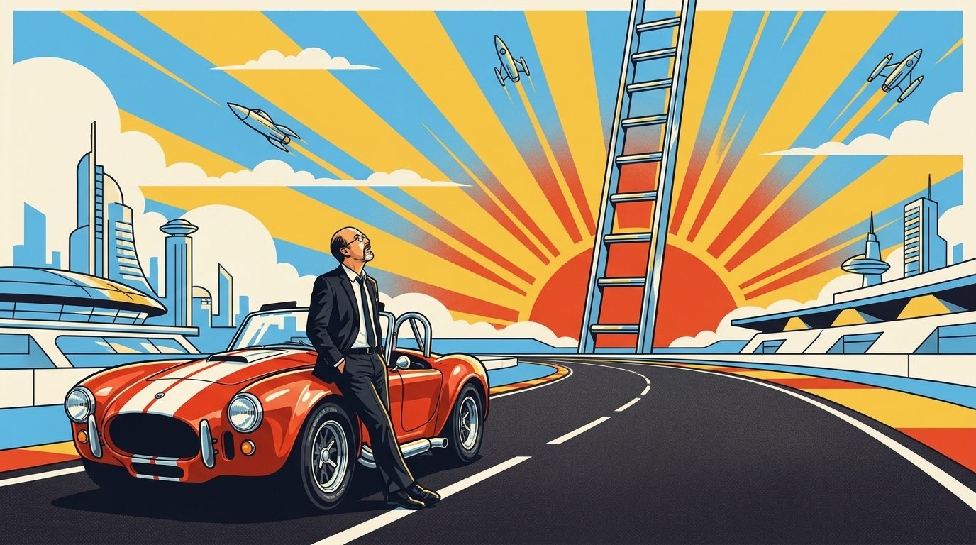 Chrome and Sunshine illustration of a man leaning on a classic red convertible at sunrise, looking up at a tall chrome ladder against a bursting sun, with rockets streaking overhead