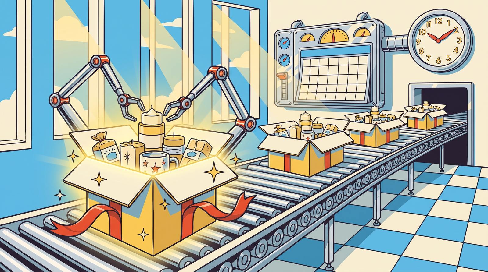 Retro illustration of a factory conveyor of craft gift boxes rolling toward a giant wall calendar as robotic arms load artisan goods