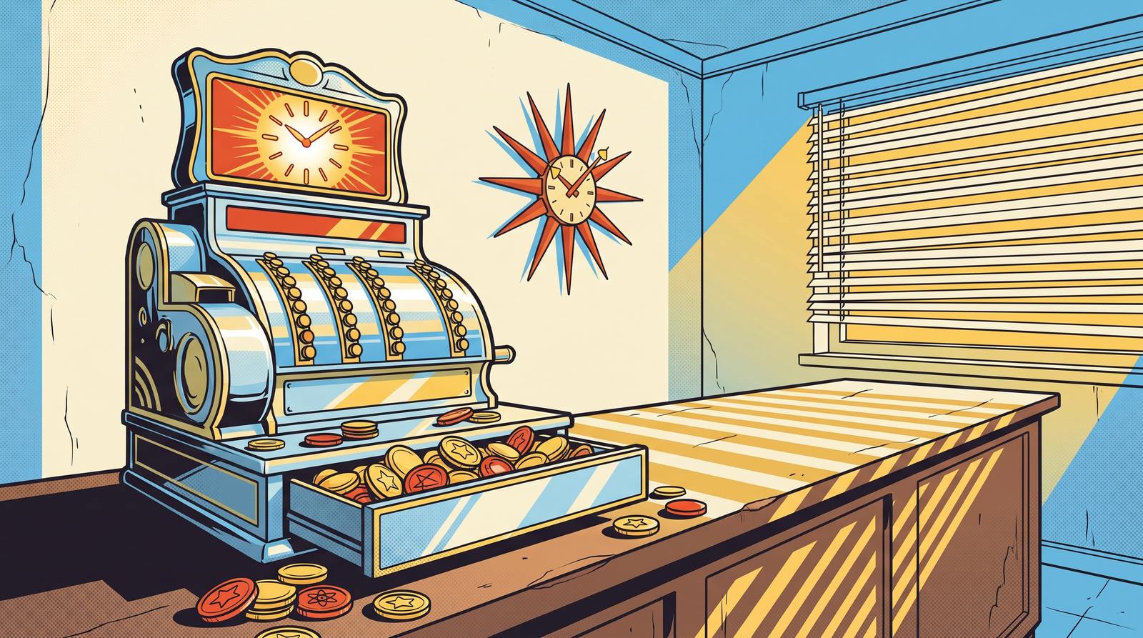 Retro illustration of a chrome cash register whose display shows a clock face instead of a price, gold coins spilling from the open drawer